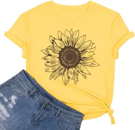 Women's Sunflower Graphic T-Shirts Boho Wildflowers Tee Tops Cute Summer Vintage Butterfly Short Sleeve Casual Holiday Tops