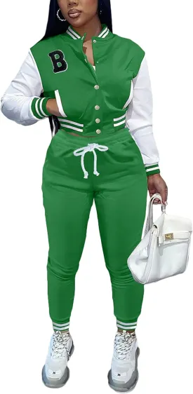 Womens Two Piece Tracksuit Button Down Cropped Varsity Jacket Pants Set Jogger Sweatsuit