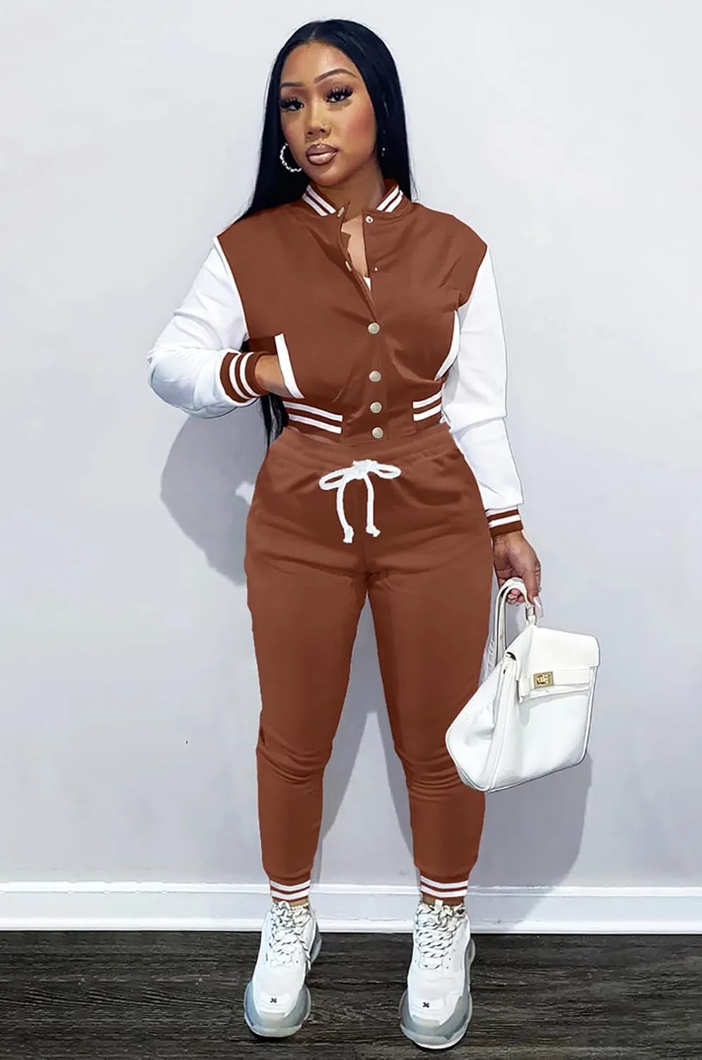 Womens Two Piece Tracksuit Button Down Cropped Varsity Jacket Pants Set Jogger Sweatsuit