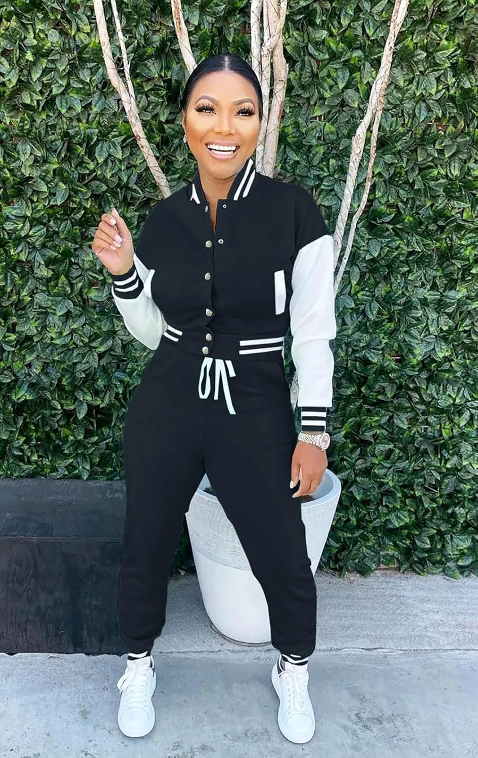 Womens Two Piece Tracksuit Button Down Cropped Varsity Jacket Pants Set Jogger Sweatsuit