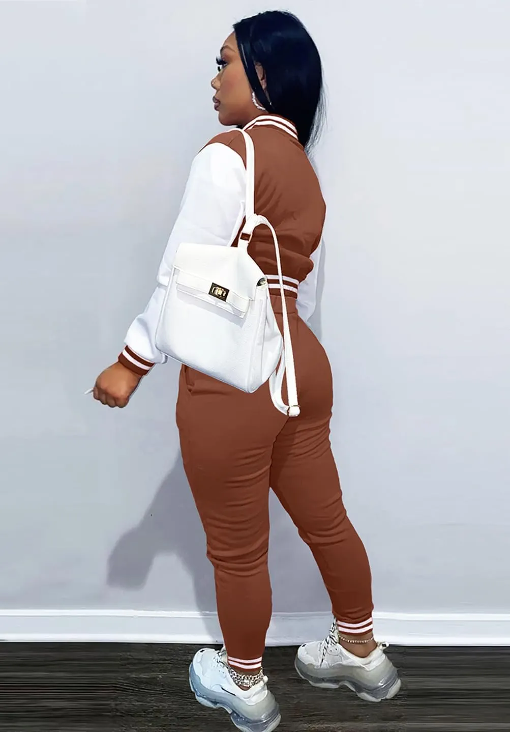 Womens Two Piece Tracksuit Button Down Cropped Varsity Jacket Pants Set Jogger Sweatsuit