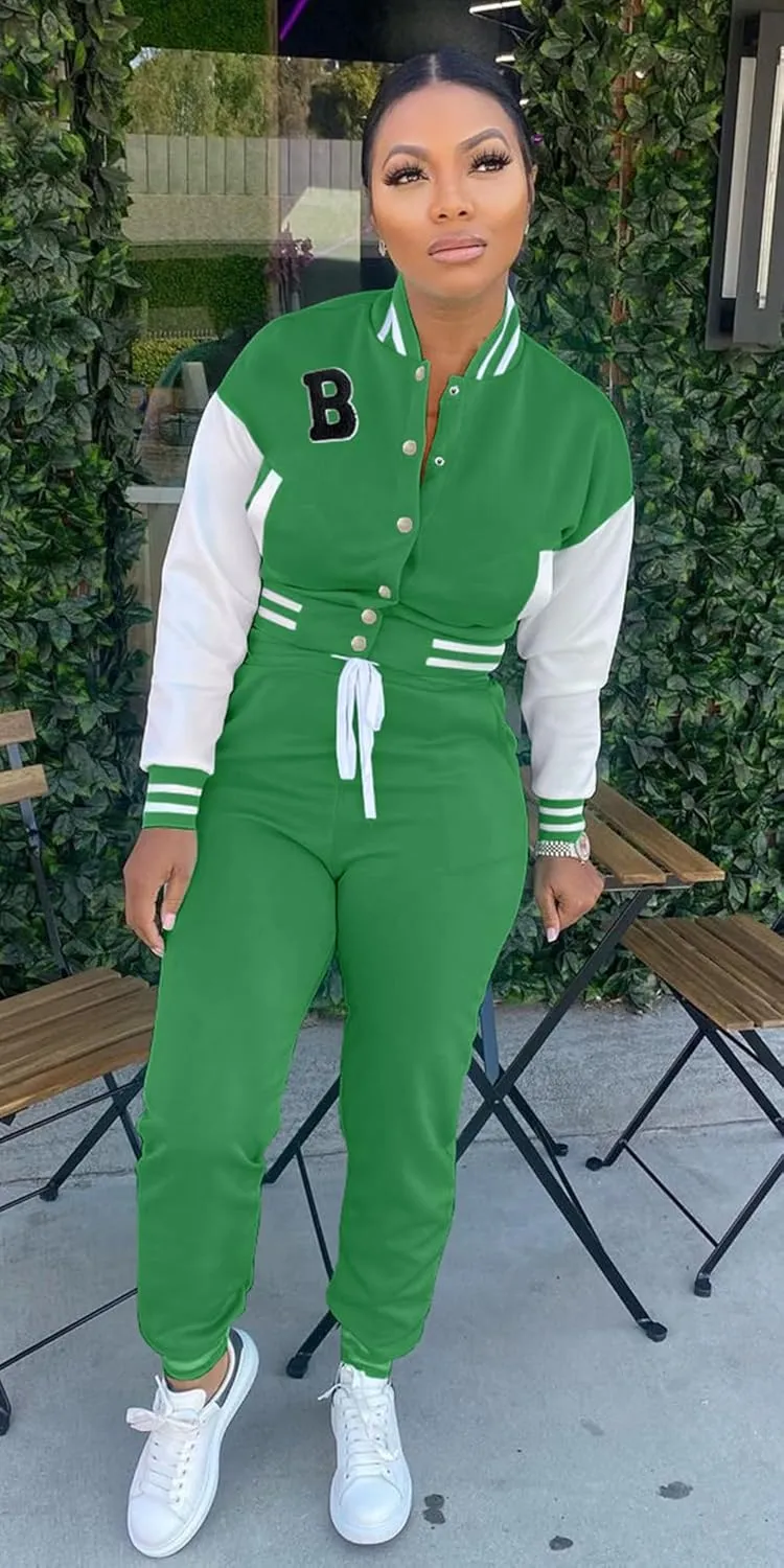 Womens Two Piece Tracksuit Button Down Cropped Varsity Jacket Pants Set Jogger Sweatsuit