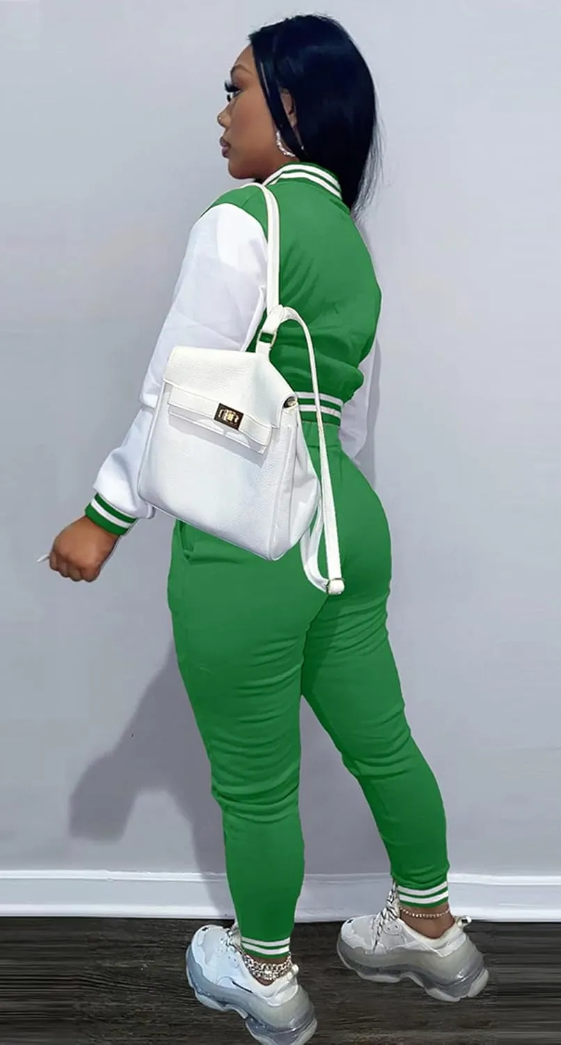Womens Two Piece Tracksuit Button Down Cropped Varsity Jacket Pants Set Jogger Sweatsuit