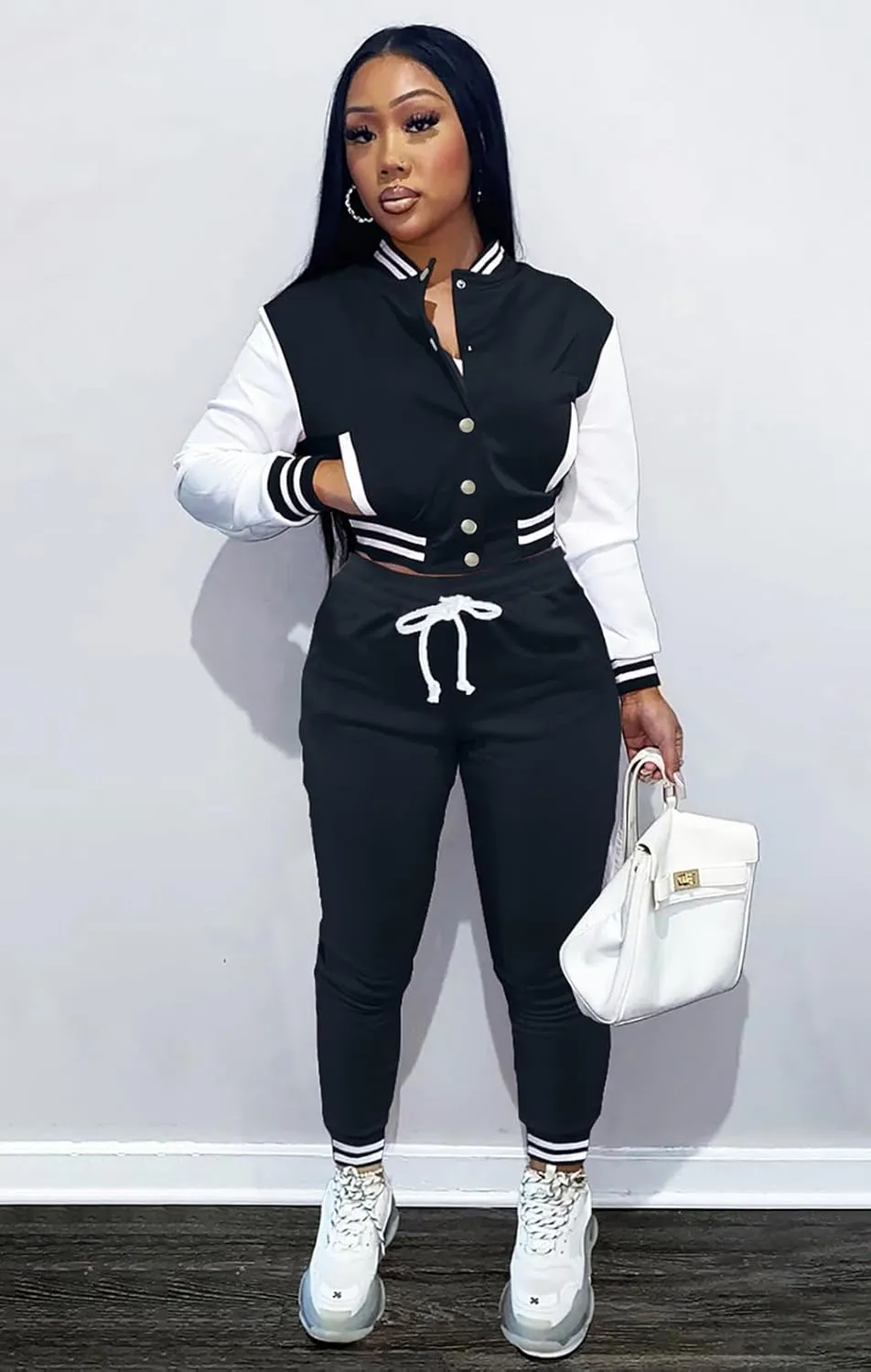 Womens Two Piece Tracksuit Button Down Cropped Varsity Jacket Pants Set Jogger Sweatsuit