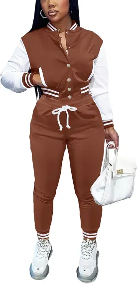 Womens Two Piece Tracksuit Button Down Cropped Varsity Jacket Pants Set Jogger Sweatsuit