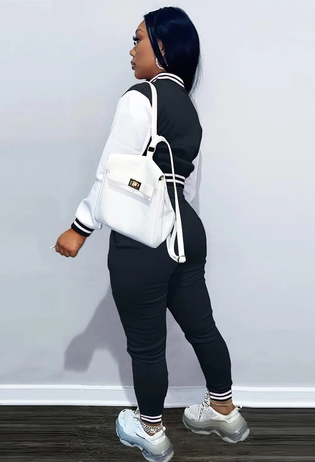 Womens Two Piece Tracksuit Button Down Cropped Varsity Jacket Pants Set Jogger Sweatsuit