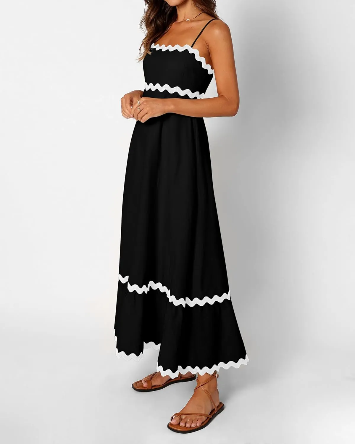 XIONGMEI Women Summer Dresses Spaghetti Straps Sleeveless Square Neck Smocked Rickrack Trim Boho Maxi Beach Dress 2025