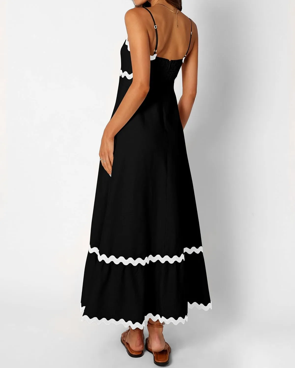 XIONGMEI Women Summer Dresses Spaghetti Straps Sleeveless Square Neck Smocked Rickrack Trim Boho Maxi Beach Dress 2025