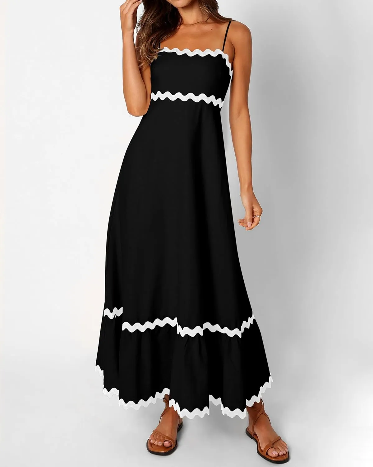 XIONGMEI Women Summer Dresses Spaghetti Straps Sleeveless Square Neck Smocked Rickrack Trim Boho Maxi Beach Dress 2025