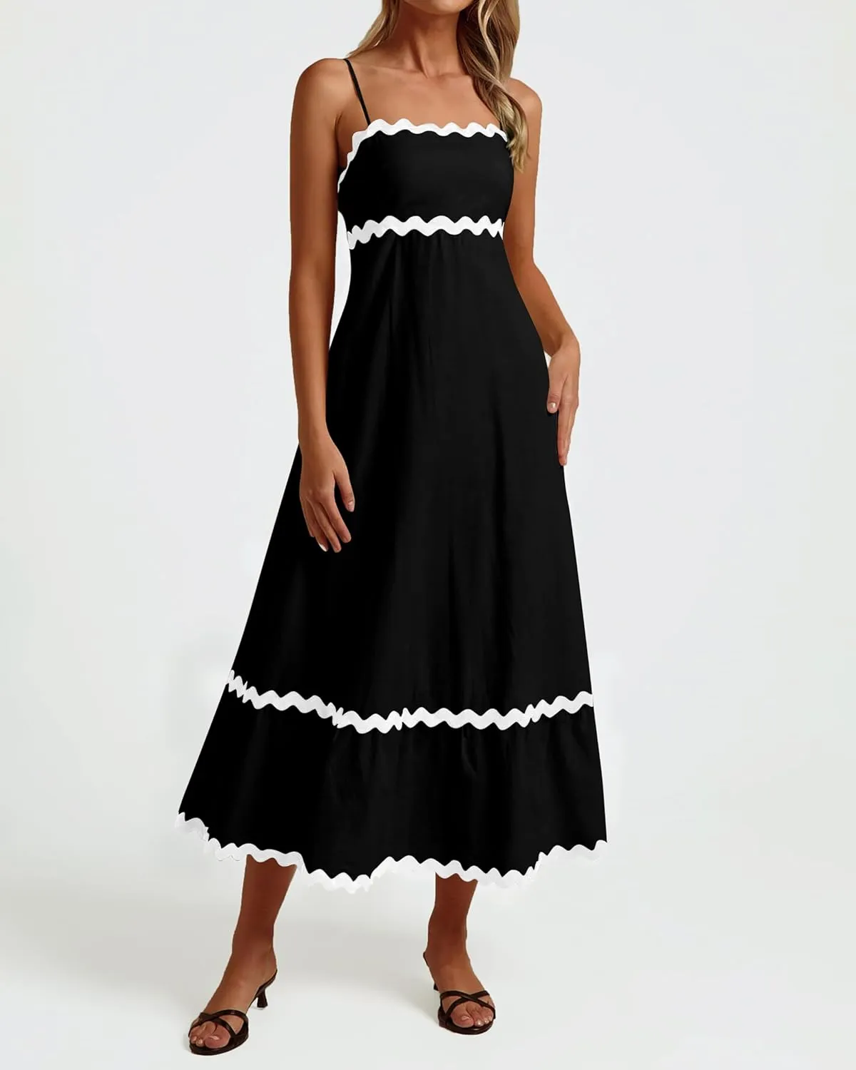 XIONGMEI Women Summer Dresses Spaghetti Straps Sleeveless Square Neck Smocked Rickrack Trim Boho Maxi Beach Dress 2025