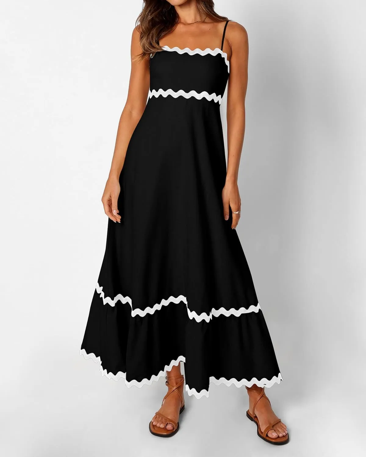 XIONGMEI Women Summer Dresses Spaghetti Straps Sleeveless Square Neck Smocked Rickrack Trim Boho Maxi Beach Dress 2025