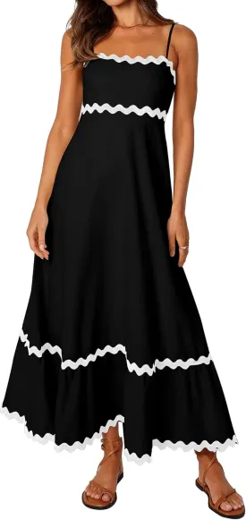 XIONGMEI Women Summer Dresses Spaghetti Straps Sleeveless Square Neck Smocked Rickrack Trim Boho Maxi Beach Dress 2025