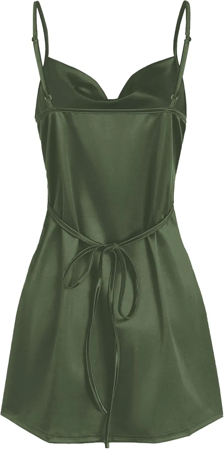 ZAFUL Women's Satin Sleeveless Spaghetti Strap Mini Dress Sexy Slip Cowl Neck Silky Cocktail Party Dresses