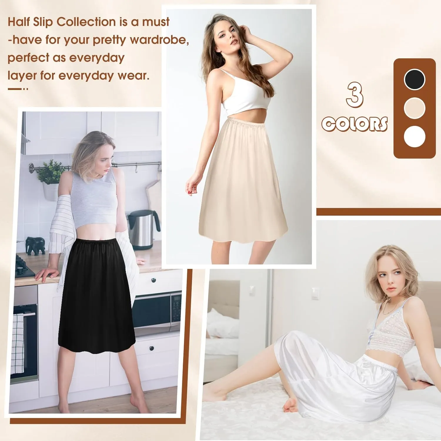 Zhanmai 3 Pieces Half Slips for Under Dresses Skirt Extenders Skirt Womens Half Slip Satin Anti Static Lace Long Underskirt